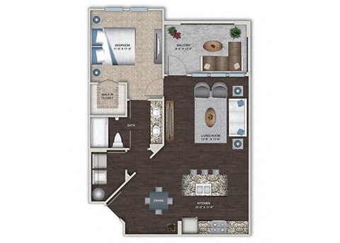 Floor plan for 1 bed, 1 bath, 799 sqft